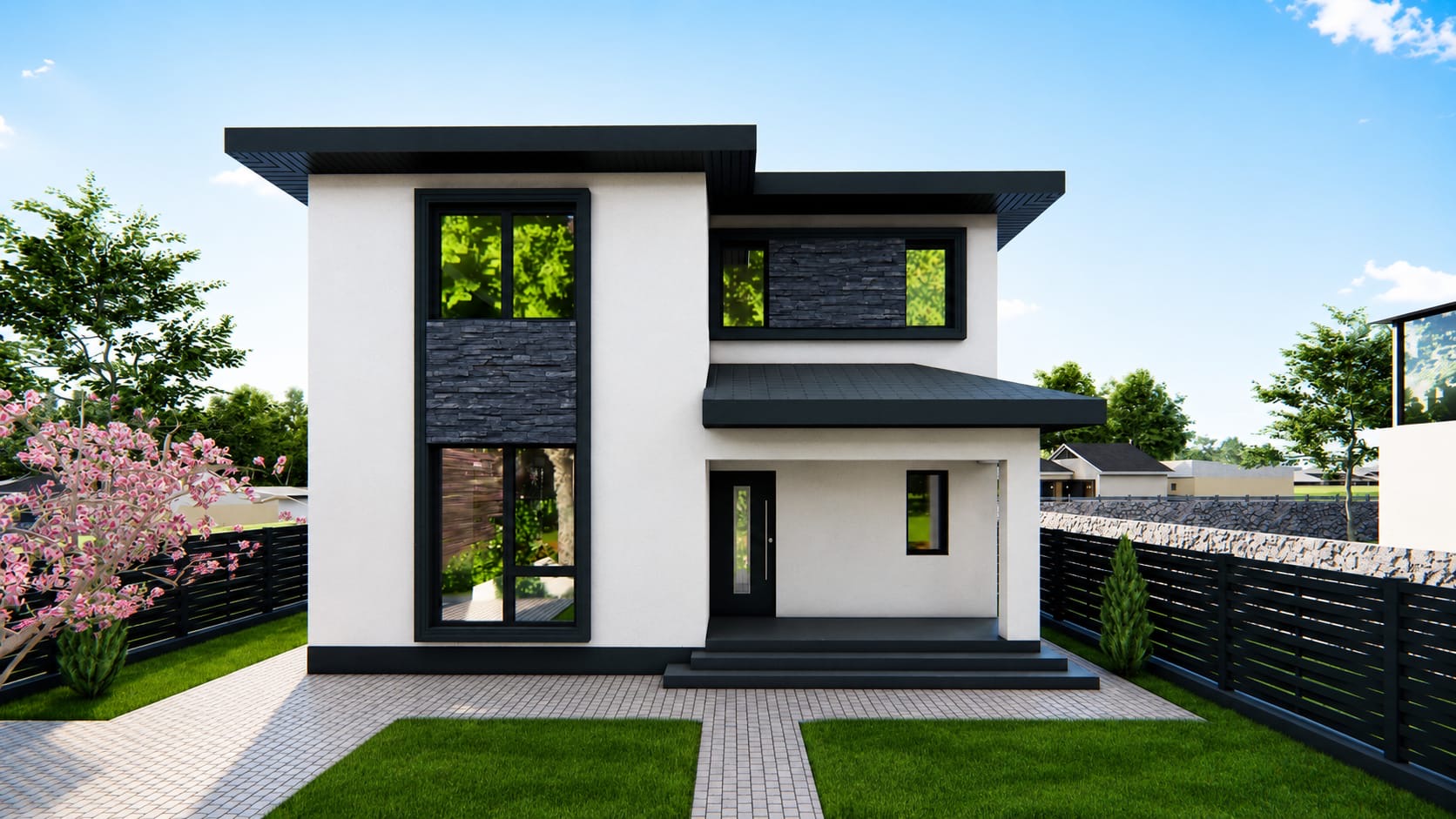 Casă modernă P+1E în Buftea — randare exterior
